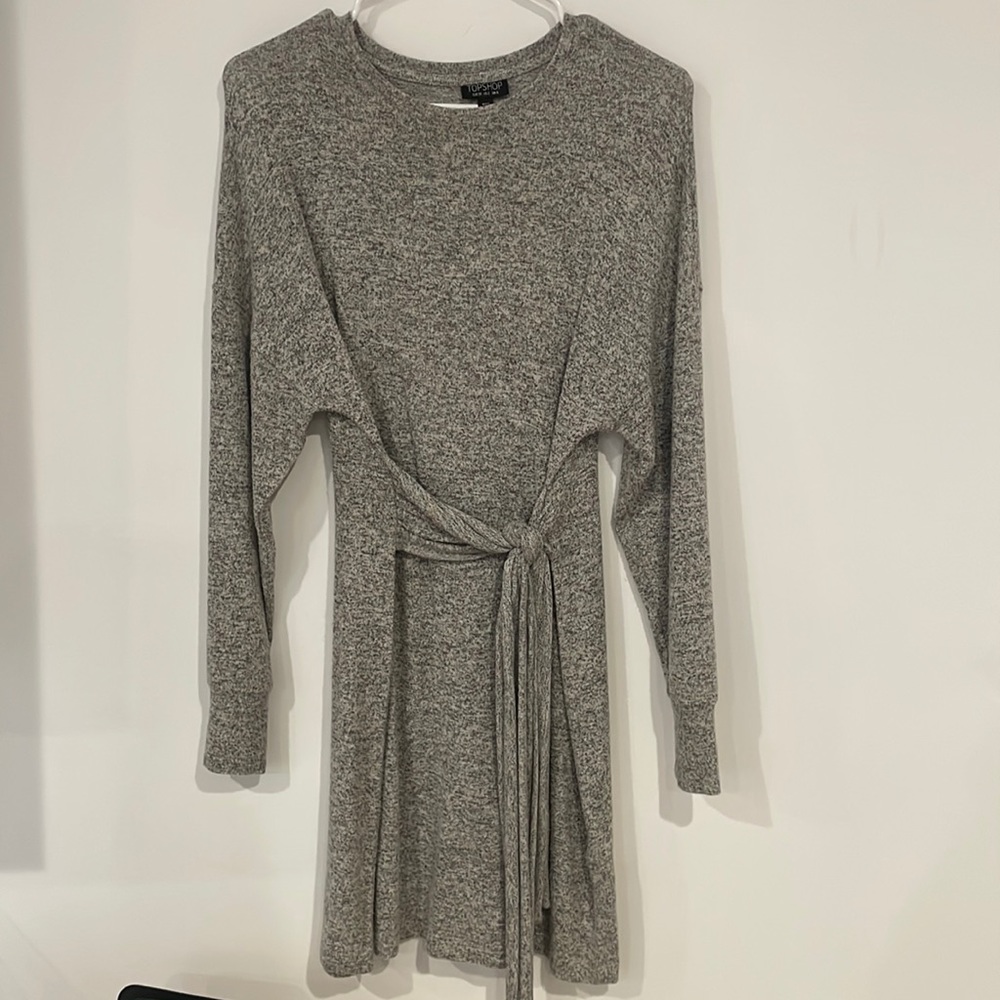 Topshop gray long sleeved front tie mini dress. Size small